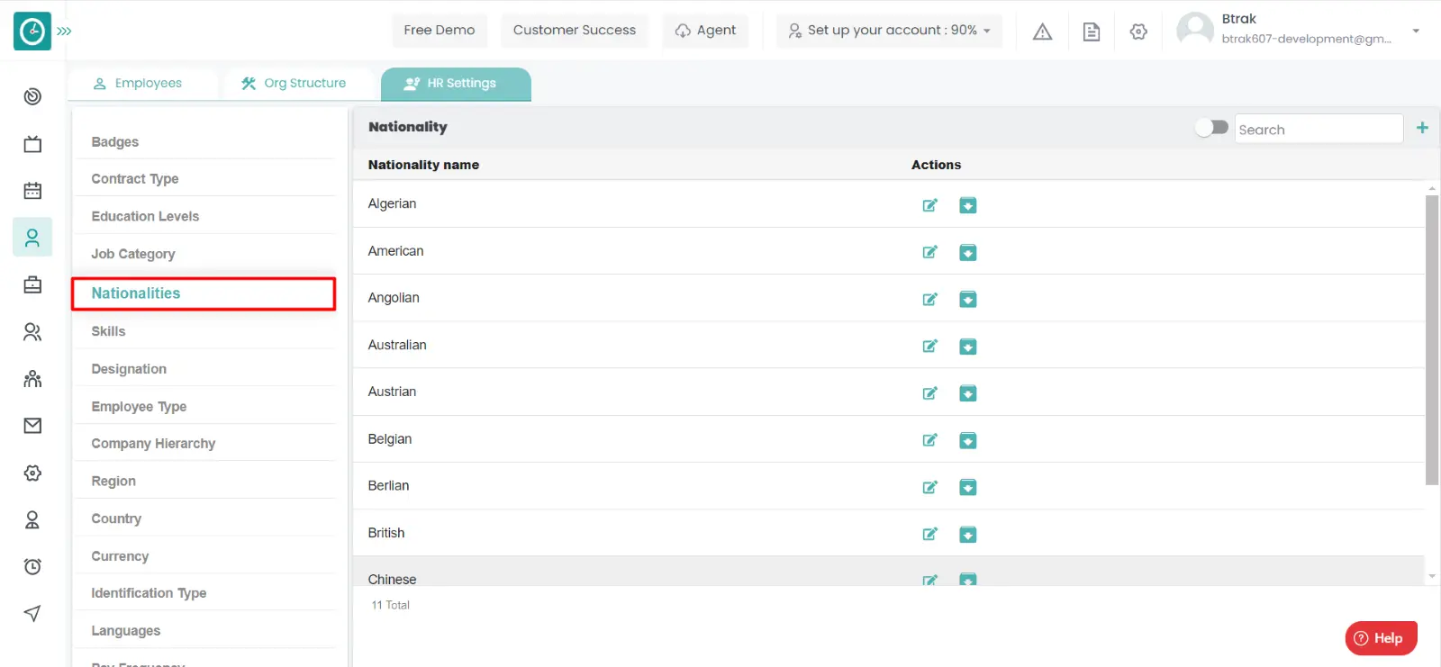 Settings dashboard